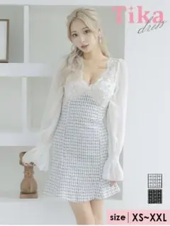 長袖シフォンパフスリーブ切替ツイード裾フリルタイトミニドレス