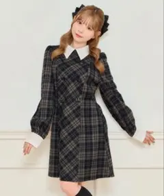 アプレジュール apres jour チェックパフスリーブワンピース　ネイビー