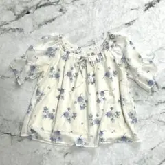 COLZA 花柄 ブラウス トップス 半袖 ホワイト リボン L ふんわりのサムネイル