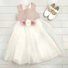 やや訳あり スクエアネックエリザベス サテン&チュールドレス 花シューズ セット