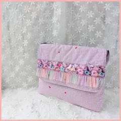 図書袋　絵本バッグ　通園バッグ　ショルダー　シャカシャカ　リボン　チェックハート