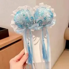 チャイナお団子 髪飾り水色 お団子カバー ヘアピンリボンロリータ コスプレ