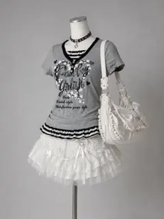 00s Y2K ラメロゴ　ボーダー　フリルTシャツ 平成ギャル　ウィッシュコア
