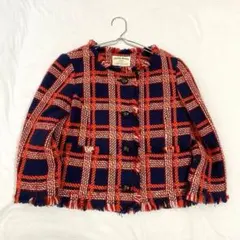 【フレームワーク】ノーカラーフリンジジャケット ツイード チェック柄 毛混 36