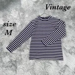 ヴィンテージ (M) ハイネック ボーダー 丈長め 長袖 日本製 コットン100