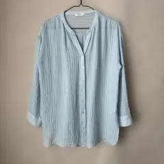 Samansa Mos2 水色 ストライプ 五分袖シャツ