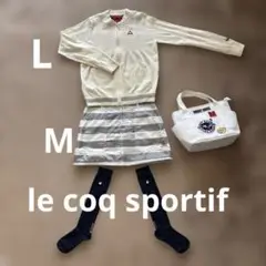 ルコックゴルフ　ニットジップアップカーディガンL中綿グレー白スカートMセット