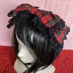 【レッドチェック×ブラック】リボンカチューシャ【手作り】