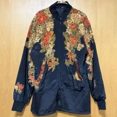 花柄プリントブラック スカジャン　和風柄　着物日本タグなし　フルジッパー