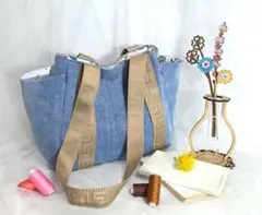 デニム×ジャガードテープのサイドポケット付きトートバッグ（北欧風裏地）