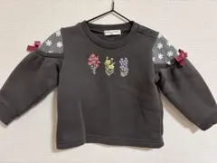 80 女の子　グレー 花柄刺繍 長袖トレーナー