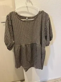 L ギンガムチェック パフスリーブ トップス