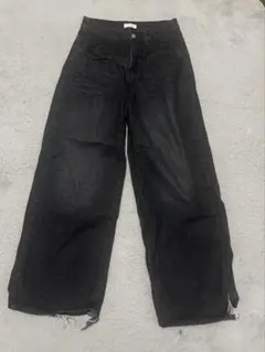 ブラックデニム ワイドパンツ カットオフ ダメージ加工 W34 ストリート 古着