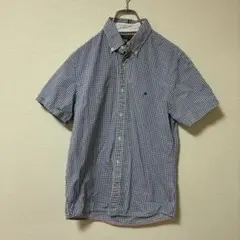 TOMMY HILFIGER ロゴ入り半袖チェック柄シャツ　カジュアル　青　S