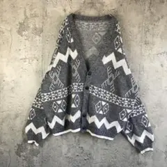 Y807古着　ニットカーディガン　グレー　白　90s Y2K