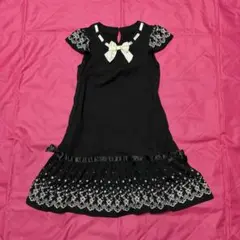 ★黒レース 白リボン フォーマルワンピース 白リボン 120 発表会