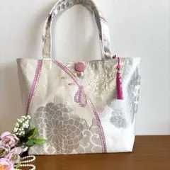 No.93 帯リメイクバック　組紐刺繍　シルバー　フリンジタッセルの飾り房付き