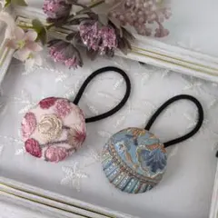 【S3】インド刺繍リボン くるみボタン ヘアゴム 2個セット