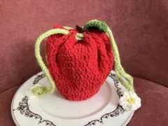 りんごの巾着ポーチ ハンドメイド｜ジャム瓶が入るサイズ｜小物入れ｜編み物