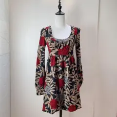 花柄 長袖 ミニワンピー M 裏地付き バックリボン 大柄ワンピース