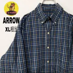 USA古着 ARROW 長袖ボタンシャツXL相当　ネイビーホワイトチェック