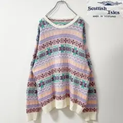 XL相当　Vintage　スコットランド製　シャーベットカラー　ジャガードニット