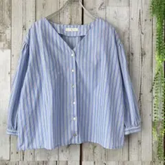 ☆ディスコート☆シャツ ノーカラー Vネック ストライプ ブルー ワイド
