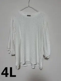 【4L】刺繍入りホワイト五分袖トップス ゆっくり 大きいサイズ