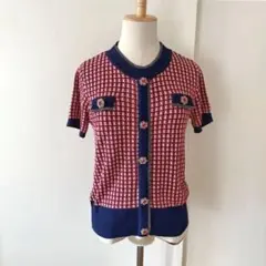 ラインストーンボタン付きニット　半袖カーディガンセーター　春夏