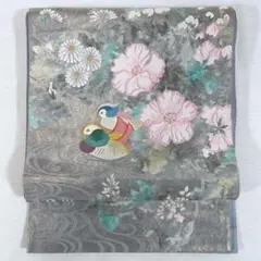 OF383 袋帯 グレー 水色 青 金 鳥 花 振袖 成人式 訪問着 お宮参り