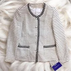 新品　ノーカラーツイードジャケット　黒アイボリー　セレモニー フォーマル L