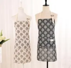 北欧柄 エプロン 2枚セット リネン ナチュラル おしゃれ カフェ 白 紺 上品