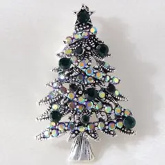 ブローチ　クリスマスツリー　シルバー　北欧　ラインストーン　アンティーク調