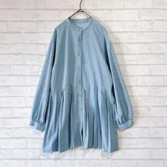 a.v.v チュニックブラウス（L）ブルー ストライプ 裾プリーツ バンドカラーのサムネイル
