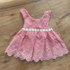 ムージョンジョン　赤　チェック　ノースリーブ　チュニック　フリル　刺繍