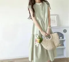 ティアードワンピース　グリーン＆ホワイトストライプ