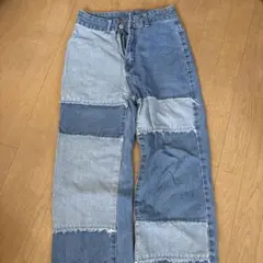 パッチワークデザイン ワイドレッグデニムパンツ