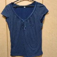 ユニクロ　ネイビー ドット柄 Vネック Tシャツ 　L