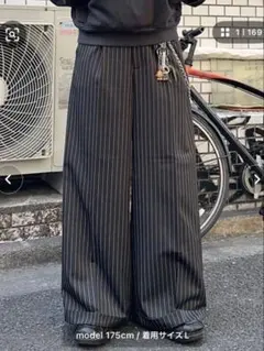 MandO ストライプワイドパンツ M ブラック　バギースラックス