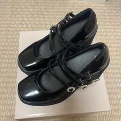 ビジュー付きストラップ 厚底パンプス ブラック