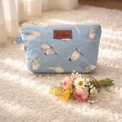 残り1点　小鳥柄ミニポーチ16cm アイスブルー インコ柄　ハンドメイド