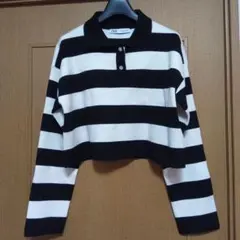 【最終価格】〈ZARA 〉襟付きボーダーニット 長袖 (M) 黒/白