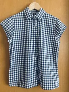 無印良品　MUJI ブルー ギンガムチェック フレンチスリーブ　シャツ S