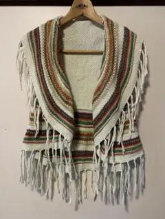 アイボリー マルチカラー フリンジ ニットベスト　ヴィンテージ