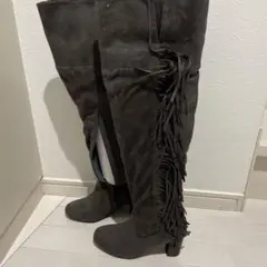 フリンジ付きダークグレーニーハイブーツ 36
