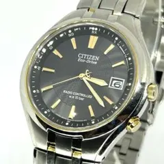 CITIZEN ECO-DRIVE ソーラー電波 黒／ゴールド メンズ【稼動】