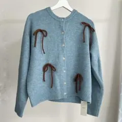 MAYC ブルー ブラウンリボン カーディガン ニット