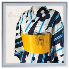 【新品】浴衣 セパレート浴衣セット 作り帯 花 ストライプ 水色 黒色 白