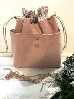 ピンク コーデュロイ ポシェット リボン付き