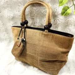 【一点もの】ハンドメイド 和風 トートバッグ 持ち手ウッドビーズ ポーチ付